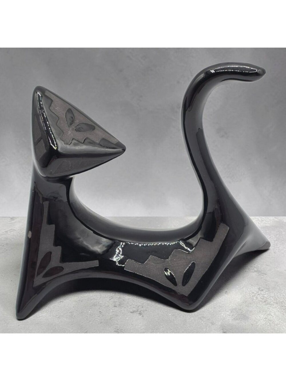 Southwestern Black Pottery Atomic Cat Figurine Handcrafted Signed DN 1992